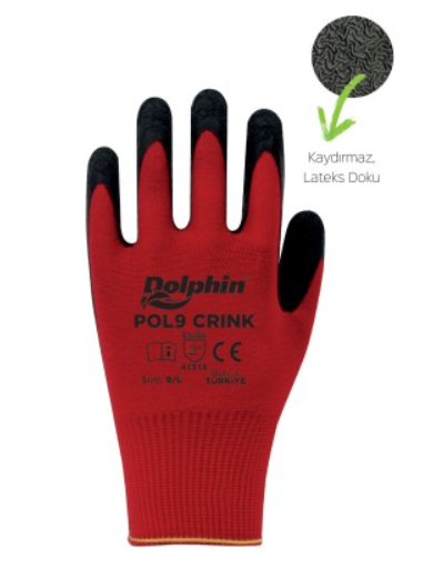 Dolphin POL9 Crink Kırmızı/Siyah Polyester Lateks İş Eldiveni - 1