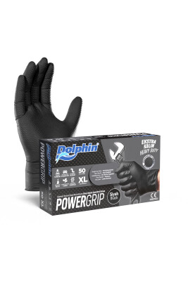 Dolphin PowerGrip Ekstra Kalın Siyah Nitril Eldiven Elmas Dokulu (50 Adet/Kutu) - Dolphin