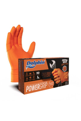 Dolphin PowerGrip Ekstra Kalın Turuncu Nitril Eldiven (50 Adet/Kutu) - Dolphin
