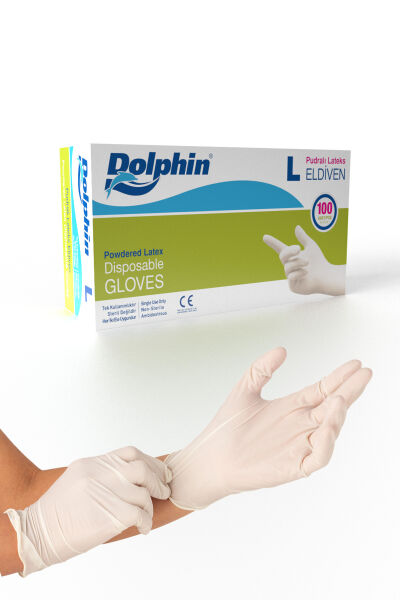 Dolphin Pudralı Beyaz Lateks Eldiven (100 Adet/Kutu) - 1