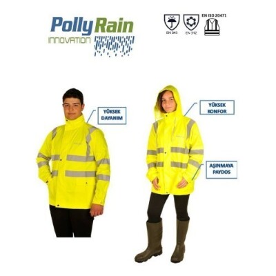 Polly Rain PU Polyester Tek Ceket Reflektörlü Yağmurluk - Polly Rain